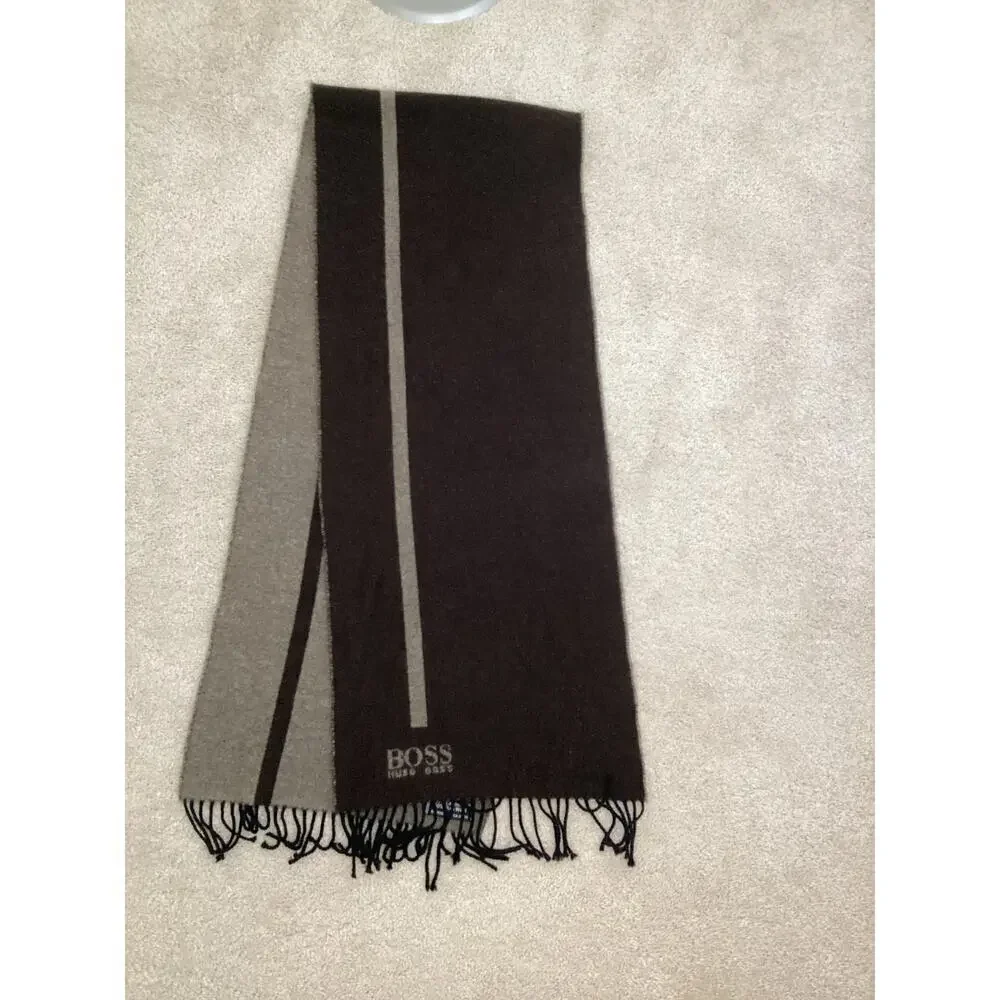 Boss Hugo Boss men's wool scarf with a color-block design in brown and gray